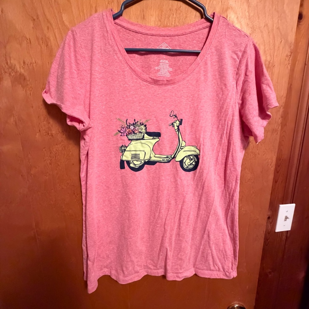 St. John's Bay Pink Tee with Yellow Scooter Graphic